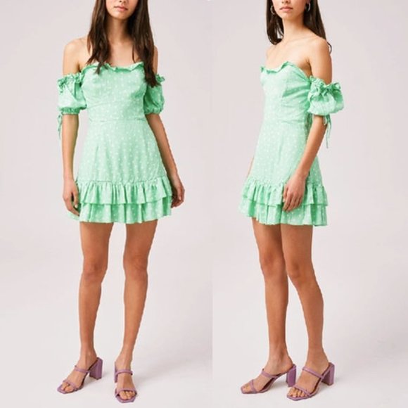 Finders Keepers Off Shoulder Ruffle Wildflower Mini Dress in Mint Ditsy $145 M 6 - Picture 3 of 8